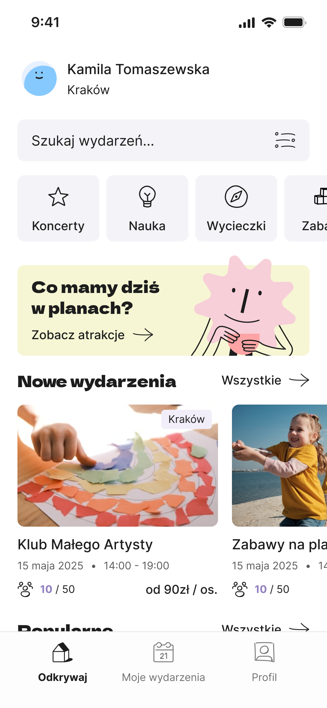 Ekran odkrywania wydarzeń